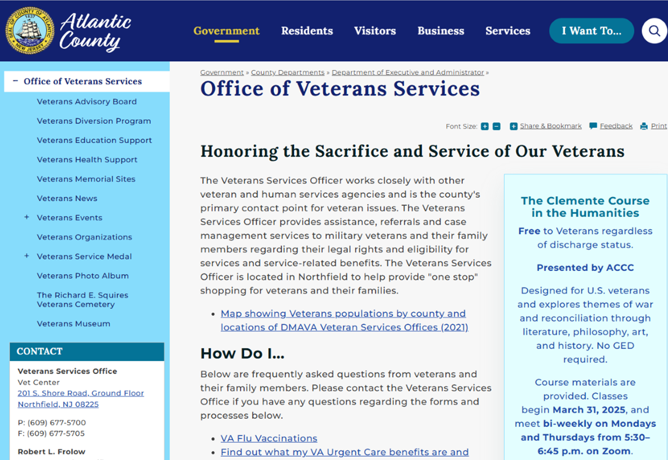 Atlantic County Office of Veterans Services webpage